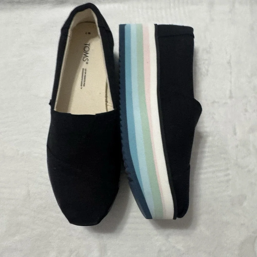 TOMS Alpargata Platform Shoes Rainbow Sole Black Canvas Women's Size 7